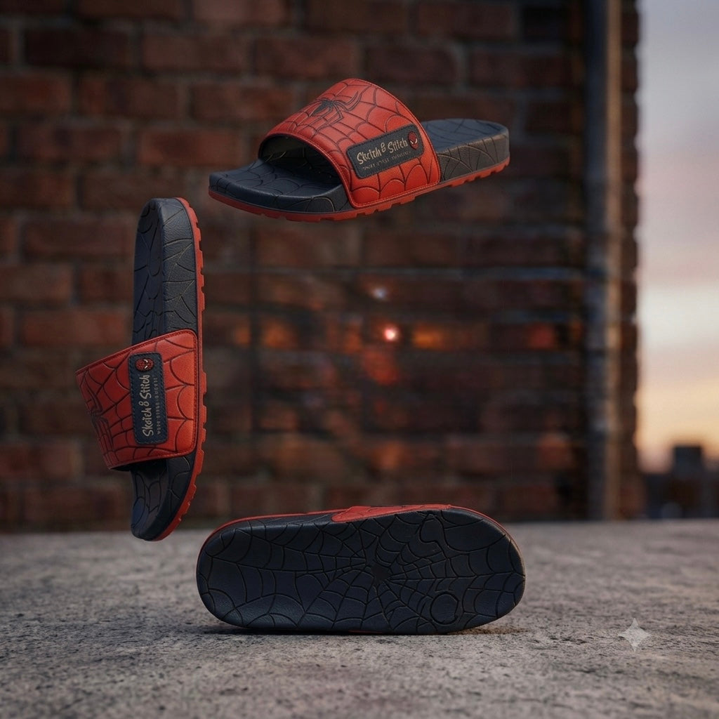 Sketch & Stitch™ Spider-Inspired Men’s Premium Slide Sandals – Red & Black