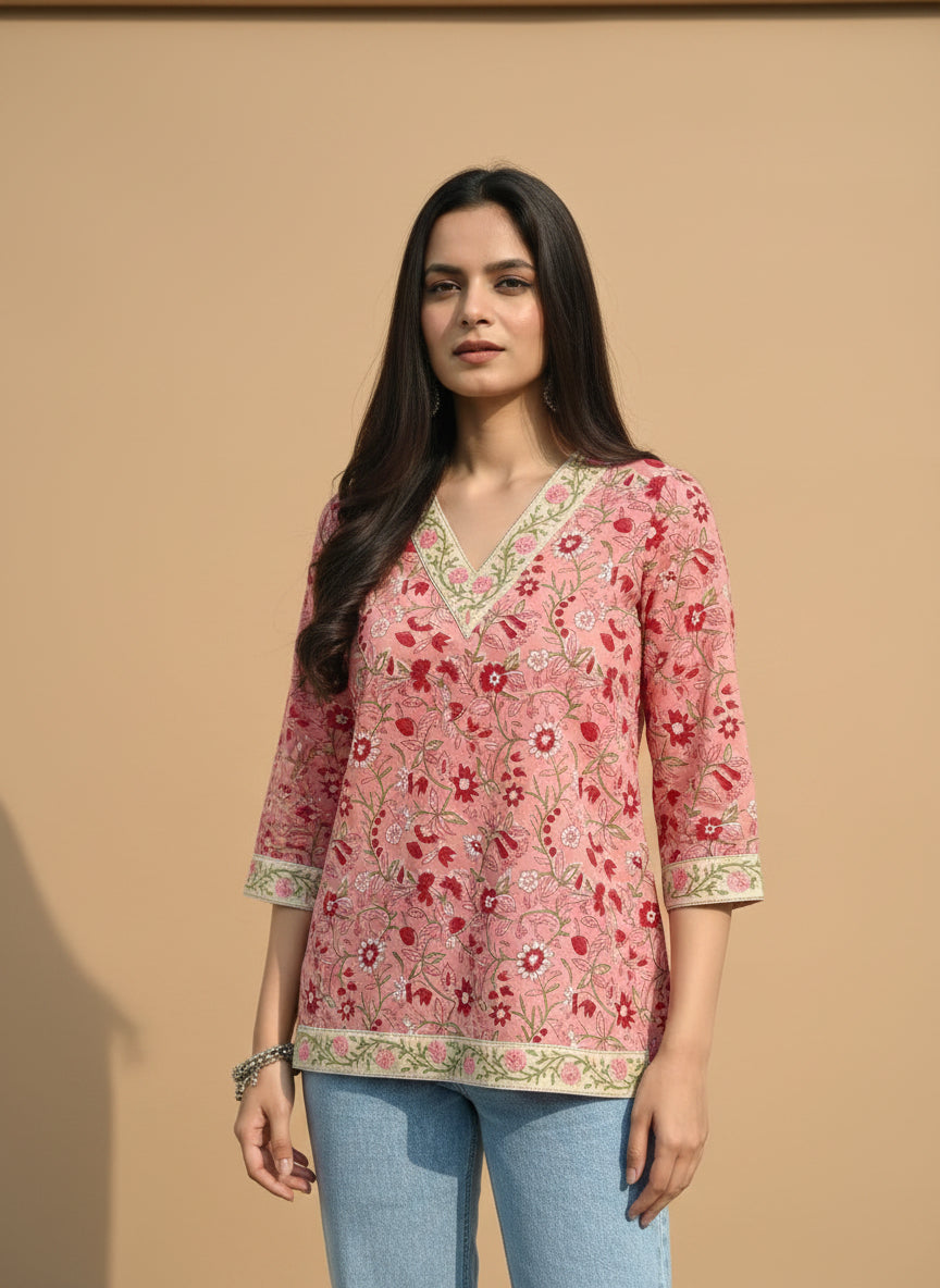 Women’s Pink Floral Printed V-Neck Cotton Kurti | 3/4 Sleeves | Elegant Casual Ethnic Top