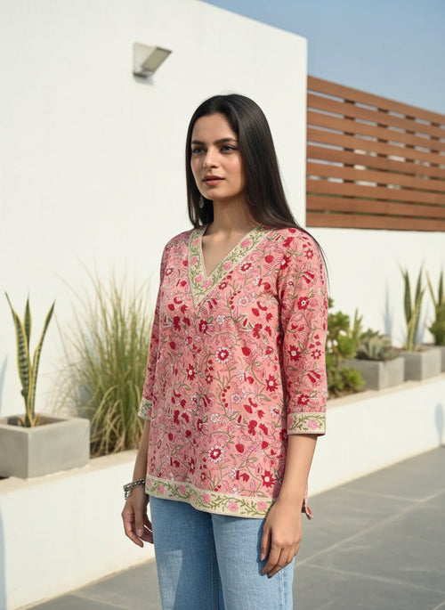 Women’s Pink Floral Printed V-Neck Cotton Kurti | 3/4 Sleeves | Elegant Casual Ethnic Top