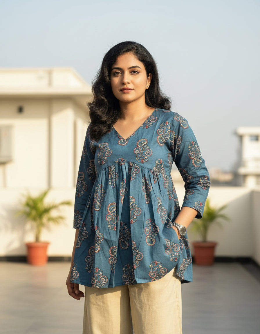 Women’s Blue Paisley Print Cotton Peplum Kurti with V-Neck & 3/4 Sleeves