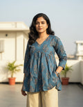 Women’s Blue Paisley Print Cotton Peplum Kurti with V-Neck & 3/4 Sleeves