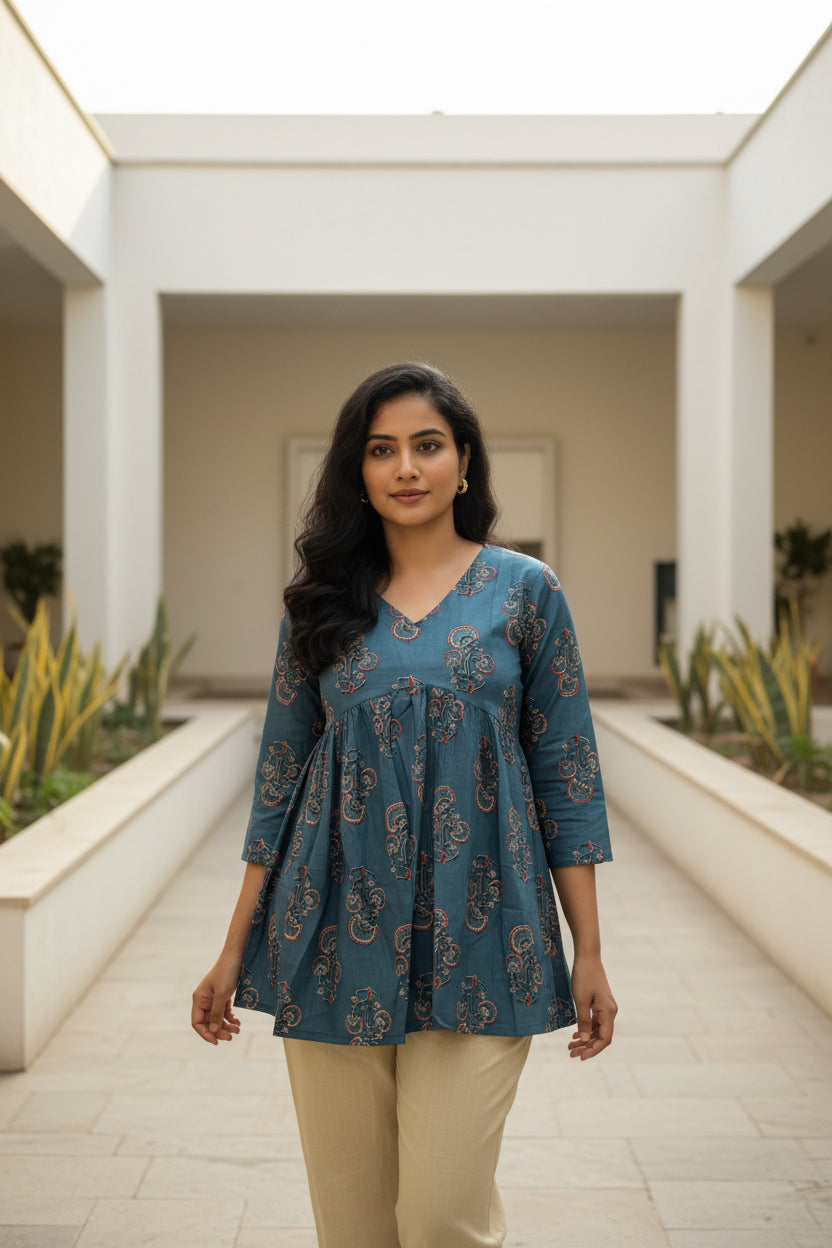 Women’s Blue Paisley Print Cotton Peplum Kurti with V-Neck & 3/4 Sleeves