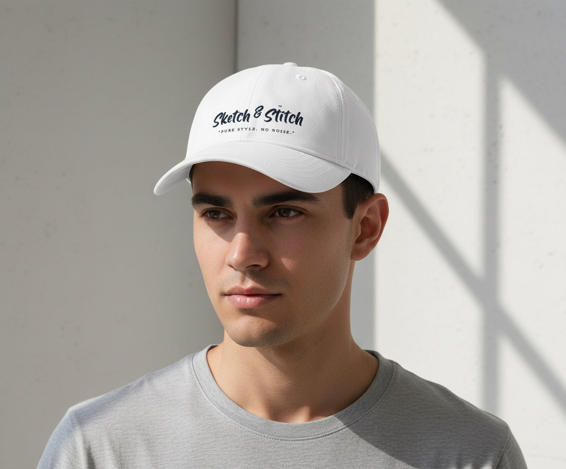Sketch & Stitch™ Premium White Cotton Baseball Cap | Unisex Adjustable Casual Cap
