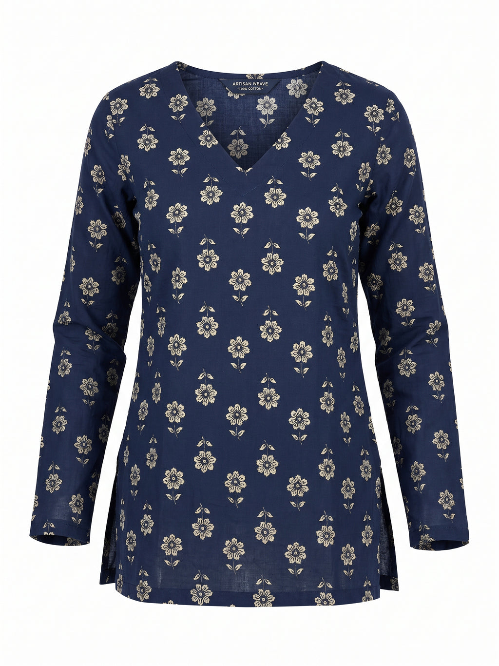 Women’s Navy Blue Floral Printed V-Neck Long Sleeve Tunic Top