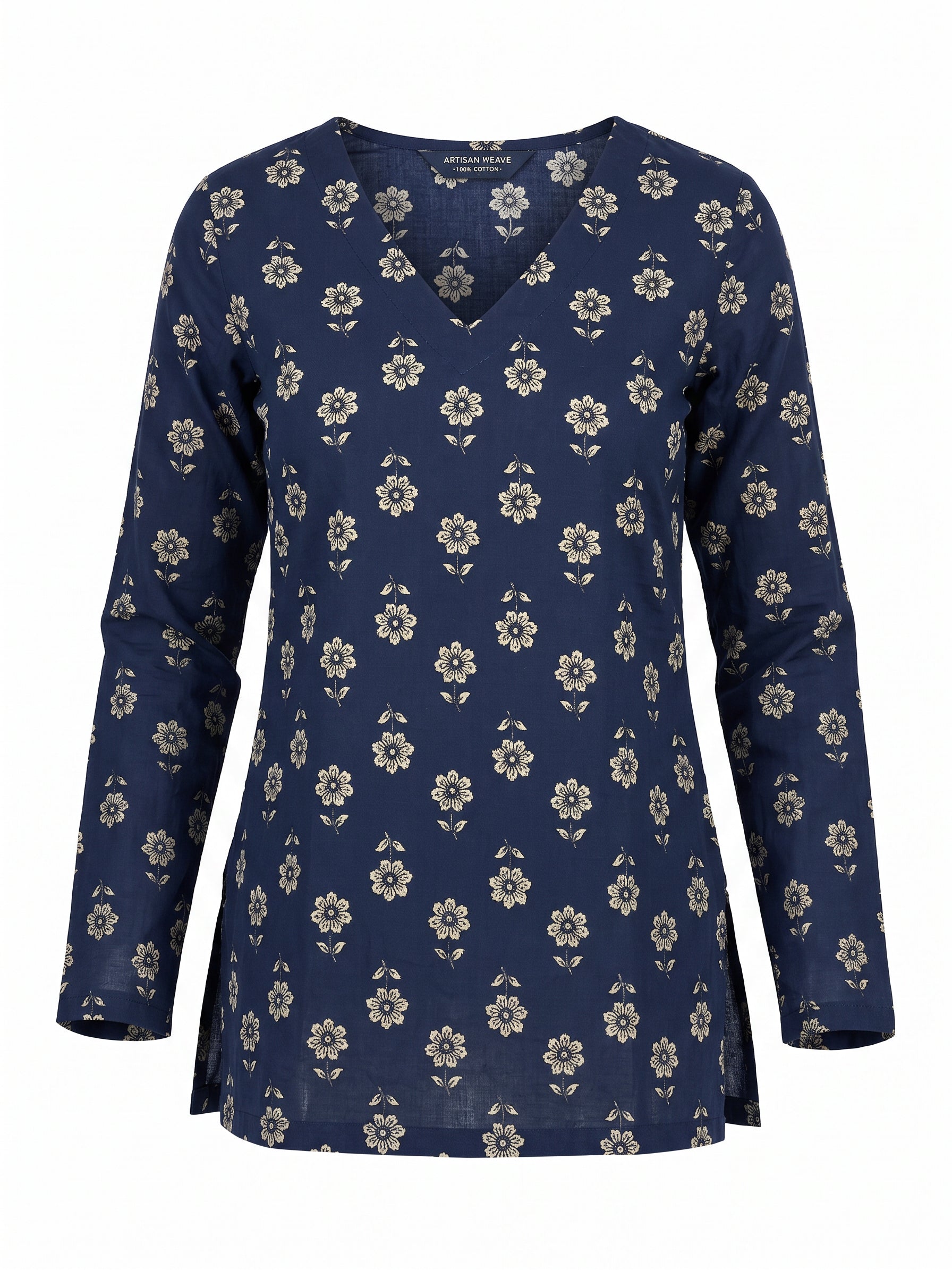 Women’s Navy Blue Floral Printed V-Neck Long Sleeve Tunic Top