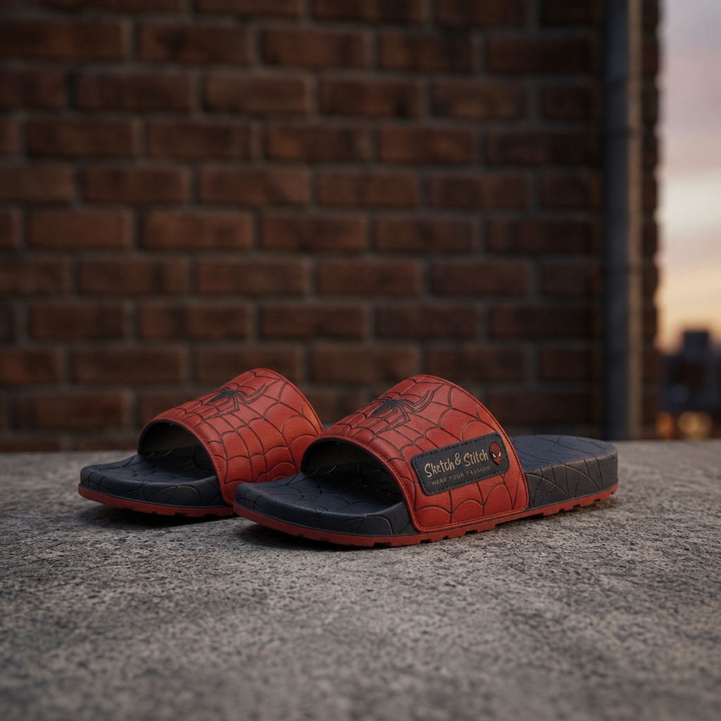 Sketch & Stitch™ Spider-Inspired Men’s Premium Slide Sandals – Red & Black