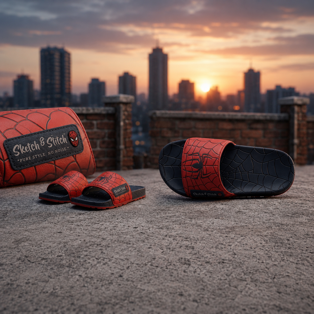Sketch & Stitch™ Spider-Inspired Men’s Premium Slide Sandals – Red & Black