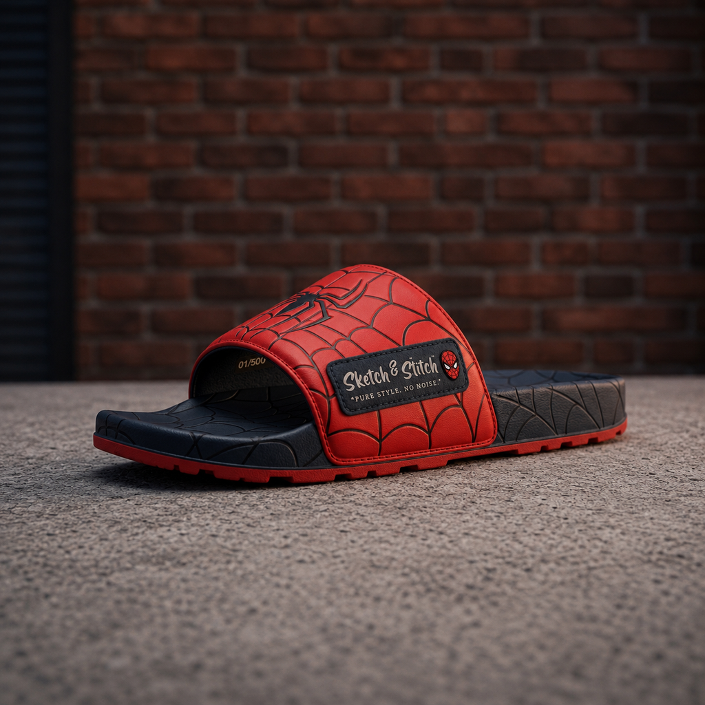 Sketch & Stitch™ Spider-Inspired Men’s Premium Slide Sandals – Red & Black